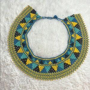 Handcrafted Beaded Necklace - Blue, Yellow, Black